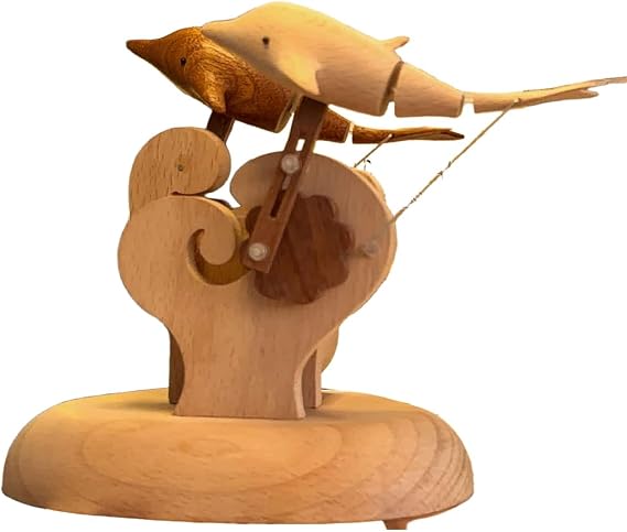 Wooden Dolphin Automaton Kinetic Sculpture, Mechanical Swimming Motion, Handcrafted Marine Art, Black Walnut and Beech, Calming Desk Decor, USB Rechargeable