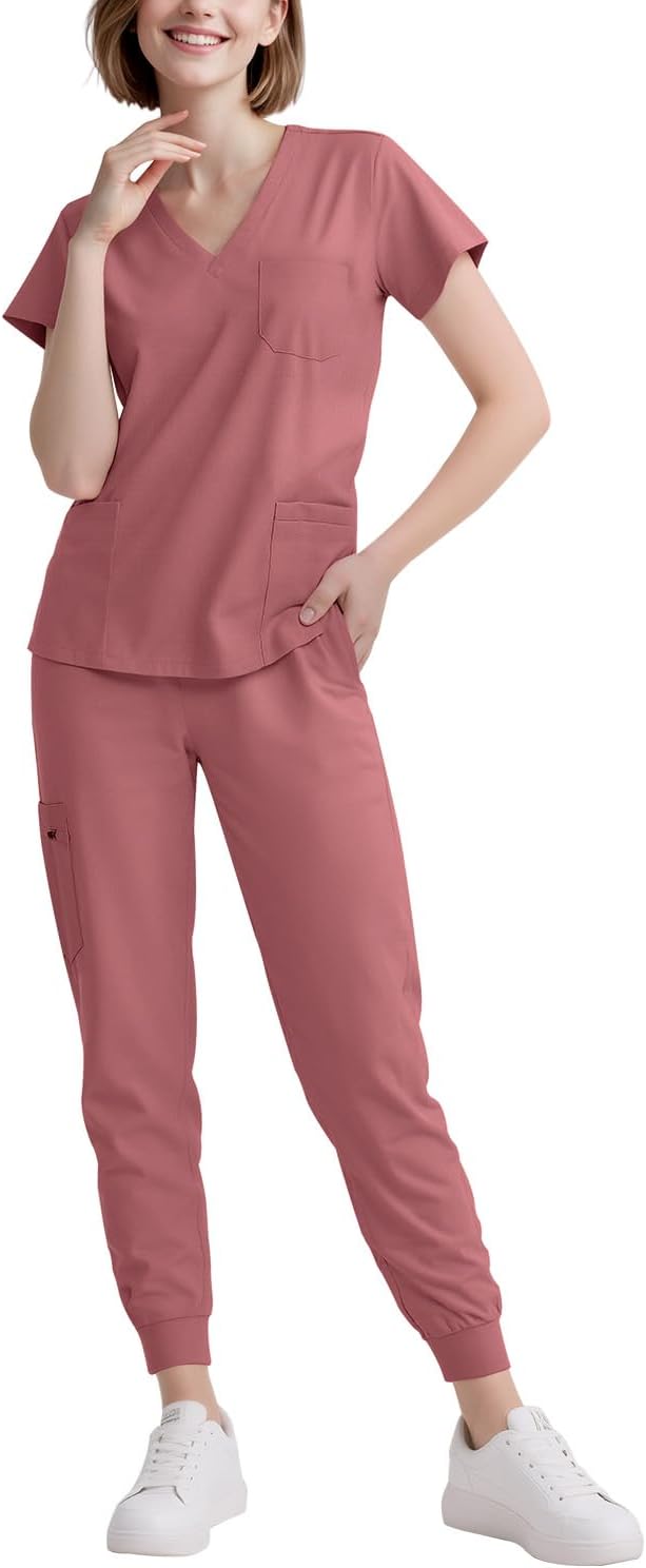 Scrubs for Women Set - 8-Pocket V-Neck Scrub Uniform, Stretch Jogger Pants, Medical Workwear for Nurses, Pet Care