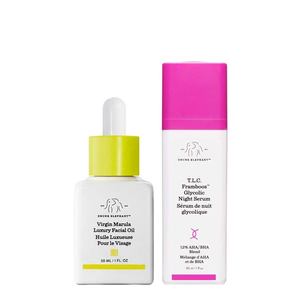 Drunk Elephant Full Sized Night Bright Duo - Nighttime Skin care Routine with T.L.C. Framboos Glycolic Night Serum and Virgin Marula Luxury Facial Oil - 30 Milliliters Each