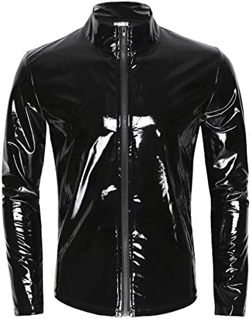 iiniim Mens Shiny Metallic Leather Long Sleeve Stand Collar Lightweight Outwear Jacket Coat