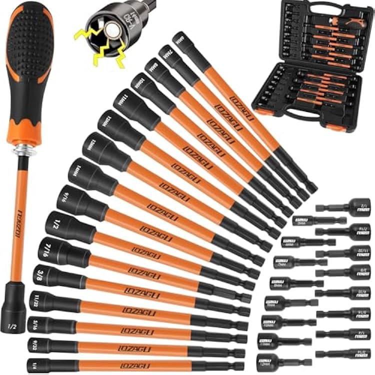 33PCS Magnetic Nut Driver Set with Long Handle | 6 Inch Long Nut Driver Set | SAE and Metric | 14 Inch Hex Shank | Cr-V Steel