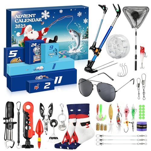 Fishing Advent Calendar 2025 for Men, 24 Days Christmas Countdown Fishing Lure Advent Calendars with Rod Holder, Landing Net, Fish Gripper, Hook, Bait - Christmas Gifts for Father, Husband, Boyfriend