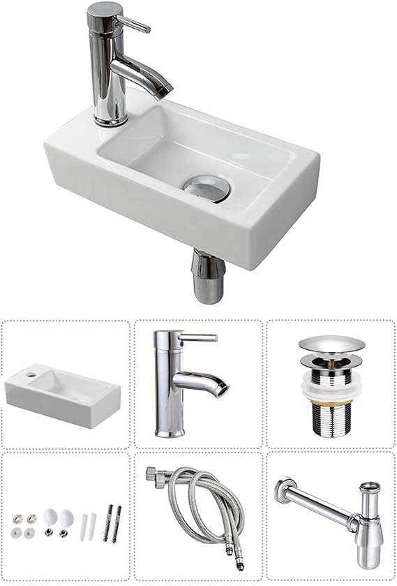 Wall Hung Basin Sink Small Cloakroom Basin Rectangle Ceramic Wash Basin Left Hand with Tap & Drain(Art Deco)