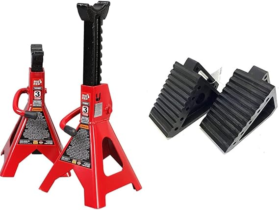BIG RED T43202 Torin Steel Jack Stands: 3 Ton (6,000 lb) Capacity, Red, 2 Count (Pack of 1) & MAXXHAUL 70472 Solid Rubber Heavy Duty Black Wheel Chock 2-Pack, 8" x 4" x 6"