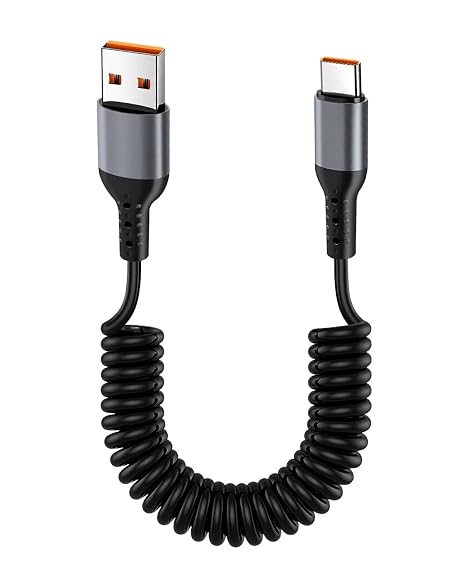 Coiled USB to USB C Cable 0.35-1m Short Retractable USB C 6A Fast Charging Cable Cord, Type C Lead Spiral Cables for Car USB, Compatible with Samsung Galaxy/Huawei/Xiaomi/Oneplus/Lg/Htc/Sony/Android