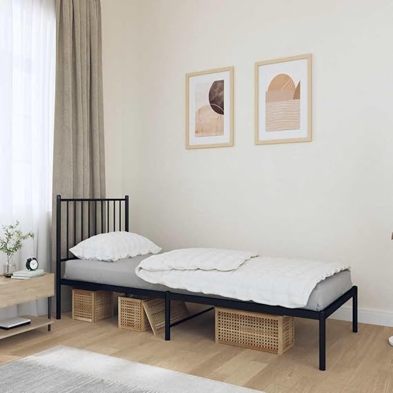 Single Metal Bed Frame with Headboard 80x200cm Black Steel Platform Base for Small Guest Bedroom, Dorm or Loft, Sturdy Support, 26 cm Under-Bed Storage, No Mattress