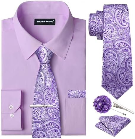 Barry.Wang Solid Colors Mens Dress Shirt and Tie Set Formal Business Wedding Shirts Long Sleeve Button Down Casual 6PCS