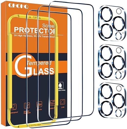 QHOHQ 3 Pack Screen Protector for iPhone 15 Pro Max [6.7 Inch] with 3 Pack Camera Lens Protector, Tempered Glass Film, HD Clear, 9H Hardness, No Bubbles, Case Friendly