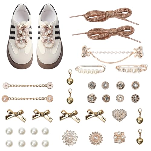 Bellaqueo 34Pcs Flower Shoe Charms for Sneakers Girls, Shoe Lace Charms Clips, Pearl Bows DIY Shoelace Charms, Junk Socks Charms Kit for Women, Jewelry Making Kits