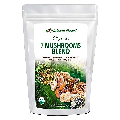 Z Natural Foods Organic 7 Sacred Mushrooms Blend - Lions Mane, Cordyceps, Chaga, Red Reishi, Shiitake, Maitake - Organic Mushroom Powder for Coffee, Smoothies, 1 lb