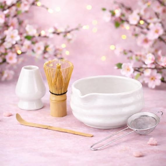 Marce Matcha Whisk Set- Matcha Set includes Matcha Whisk and Bowl with Spout, Sifter, Holder and Scoop- The Perfect Bamboo Whisk for Matcha Tea (White)
