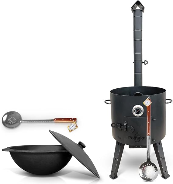 Utschak Fire Oven Diameter 44 cm 2 mm Steel with Thermometer Uzbek Kazan 16 L Round Base Slotted Spoon 48 cm Slotted Spoon 64 cm Kazan Uchag Kazan Cast Iron Oven учак (Set 3)