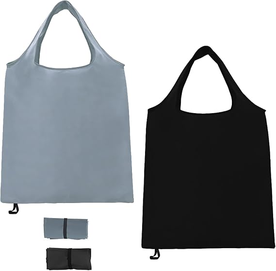 2 PCS Small Grocery Bag,Reusable Shopping Bag, Fold up Shopping Bag Canvas Tote Bag, Resable Foldable Shopping Bag,Storage Black and Grey Folding in a Pouch Washable Grocery Bags