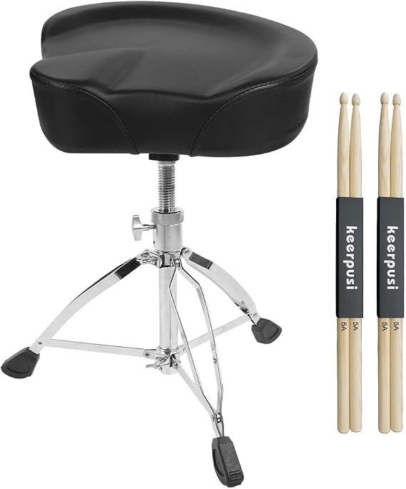 Heavy Duty Drum Throne with Two Drumsticks, Motorcycle Style Drum Seat, Widened Drum Chair with Upgraded Materials, Height Adjustable Padded Stool, Double Braced