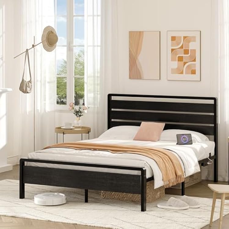 VINGLI Full Platform Bed Frame with 12-Inch Under-Bed Storage Space, RGB LED Headboard & Footboard, 2 AC 2 USB 1 Type-C Charging Ports, Sturdy Metal Noise-Free Design, Modern Apartment Bedroom,Black