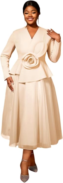 AOMEI Womens Long Sleeve A-line Midi Dress with 3D Flower Waist Elegant Church Party Dress