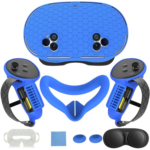 7 in 1 Silicone Cover Set Compatible with Meta Quest 3S, VR Accessories for OculusMeta Quest 3S Skins and Wraps, Includes Controller Grips Cover, Face Cover, Lens Protector Cover_Honeycomb-Blue