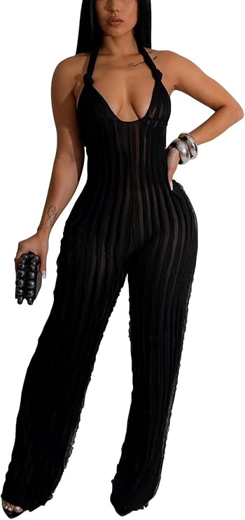 Women Sexy Halter Jumpsuits Dressy V Neck One Piece Long Pants Outfits