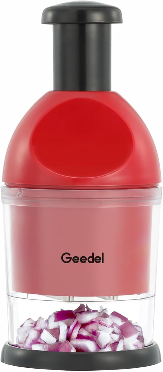 Geedel Food Chopper, Easy to Clean Manual Hand Vegetable Chopper, Dishwasher Safe Slap Onion Cutter for Veggies Onions Garlic Nuts Salads Red | Hand Chopper for Veggie Onions Garlic Nuts Salads, Fast & Even Chopping, Sharp Stainless Steel Blade, Dishwasher Safe, No BPA