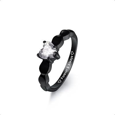 MeMeDIY Personalized Stainless Steel Couples Rings Set, Engraved Names Promise Rings with Heart Gemstone, Gift Bag Included