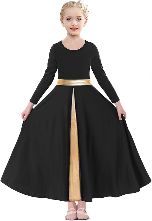 Girls Long Sleeve Praise Dance Dress Swing Skirt Liturgical Worship Costume Church Robe Dancewear