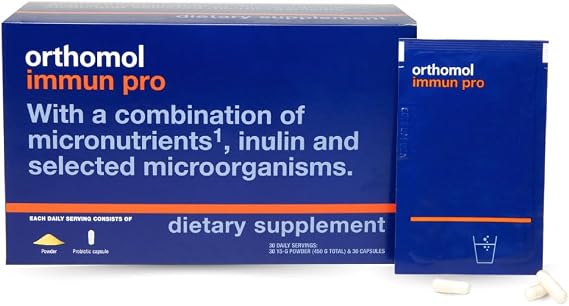 Orthomol Immun Pro, Immune Support & Gut Health Powder & Capsules for Adults with Probiotics, Prebiotics, Fiber, Vitamin C, Zinc, Selenium, Iodine, Vitamin D, E, A,B, Calcium (30 Day Supply)