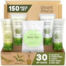 Travel Size Hotel Toiletry Set 150 Count 1 oz Bottles Guest Amenities for Vacation Rentals and Short Term Rentals Paraben Free Green Tea Lemongrass Scent Infused with Aloe and Olive Oil |Desert Breeze