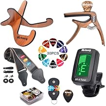Guitar Accessories Kit: Wooden Stand, Strap, Clip-On Tuner, 3-in-1 Capo, 30 Picks for Acoustic, Electric Guitar, Bass & Ukulele, All-in-One Perfect Guitar Gift Set for Men & Beginners & Pros
