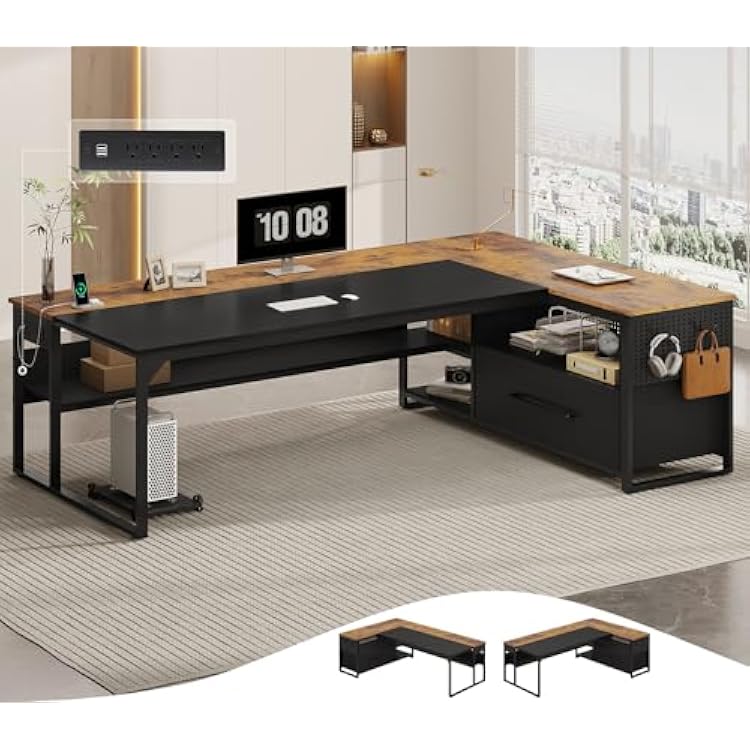UPOSOJA 71 Executive Desk, Large Office Desk with Widen File Drawers & Power Outlets, Reversible L Shaped Computer Desk Corner Desk with Storage Shelves, CPU Stand, Hooks, Business Furniture