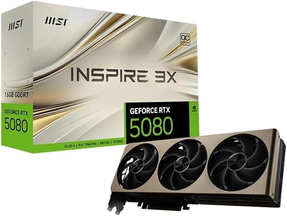 MSI GeForce RTX 5080 16G INSPIRE 3X OC Graphics Card - RTX 5080 GPU, 16GB GDDR7 (30Gbps/256-bit), PCIe 5.0 - Triple Fan Thermal Design (3 x STORMFORCE Fan) - HDMI 2.1b, DisplayPort 2.1b