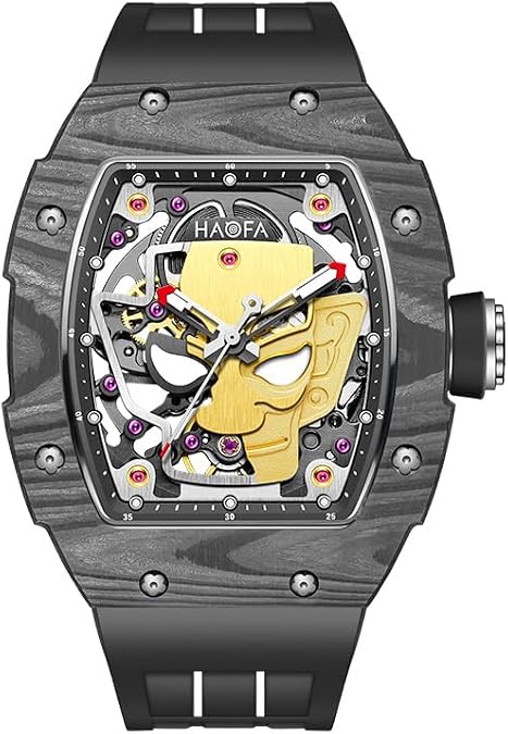 Haofa Automatic Mechanical Mens Watch Skeleton Sanxingdui Gold Face Dail Carbon Fiber Bezel Luminous Wristwatch Sapphire Waterproof Luxury Business Casual Watch for Men 1969
