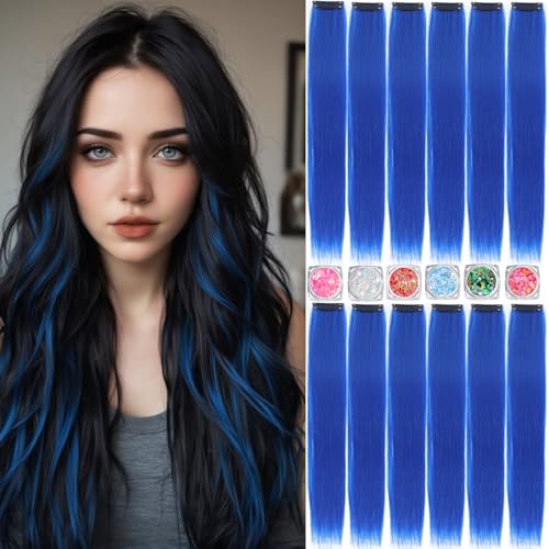 Colored Hair Extensions, 22 Inch Straight Clip in Hair Extension Body Face Hair Glitter Multi Color Rainbow Pink Red Hairpiece Extensions for Kids Girls Women GlitterCrystal Blue
