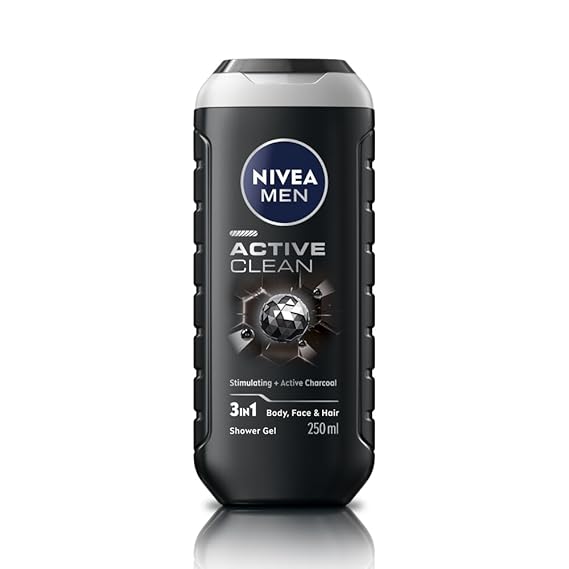 NIVEA MEN Hair, Face & Body Wash, Active Clean Shower Gel, 250ml