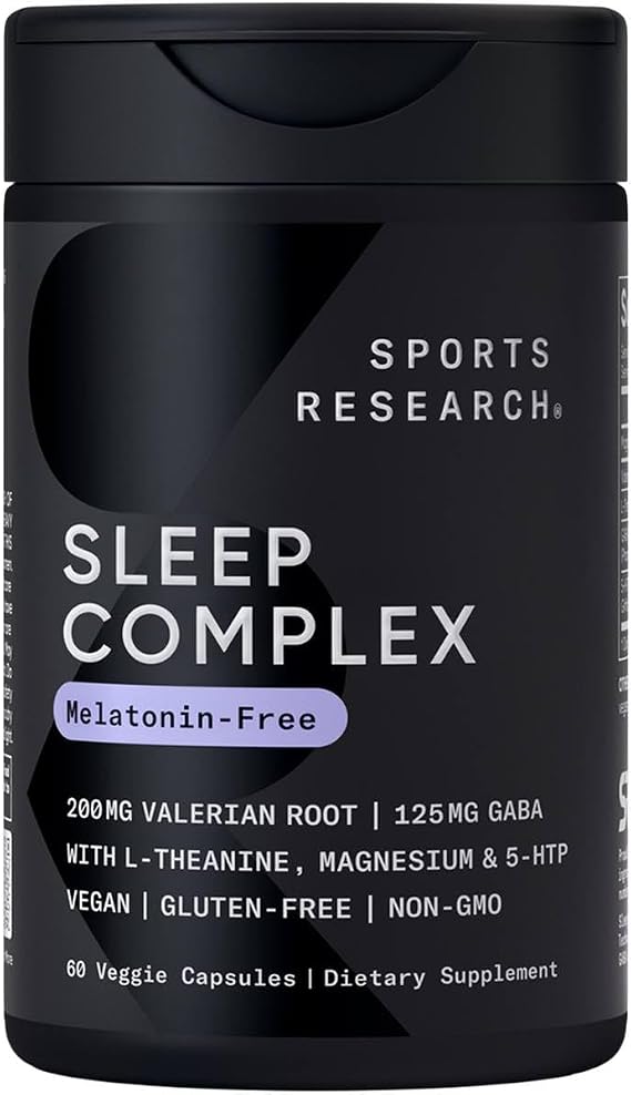 Sports Research Sleep Complex (Melatonin-Free), 60 Veggie Capsules | Natural Sleep Aid with Valerian Root, GABA, L-Theanine, Magnesium & 5-HTP - Non-GMO Verified & Gluten Free