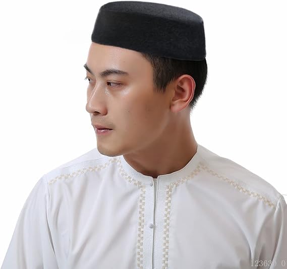 Winter Muslim Prayer Hat Men Warm Islamic Prayer Cap Arab Kufi Beanie Skull Cap Kofi Round Cap Male Hajj Mosque Headwear, Black, 23''