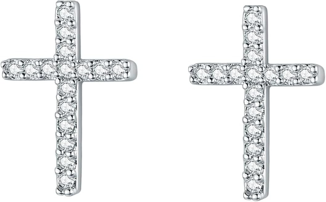 Silver Small Cross Stud Earrings, Hypoallergenic Stainless Steel CZ Cross Earrings for Women Men