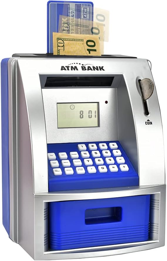 ATM Savings Bank for Real Money, Electronic Piggy Bank to Teach Savings, Classic Counting Toy, Talking Kids Money Bank, Safe Box for Kids, Ages 6+, Silver (Blue)