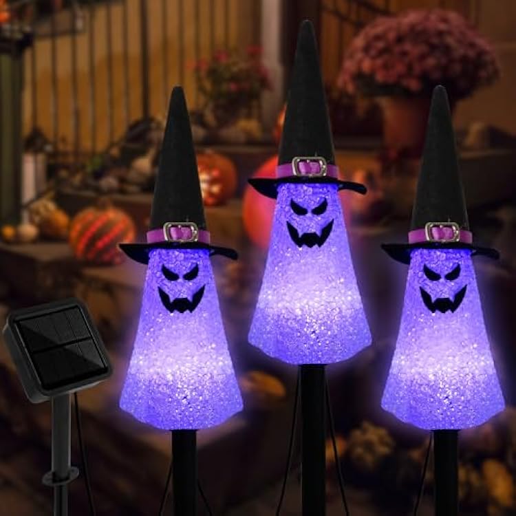 LIGHTSHINE 3PCS Ghost Solar Halloween Decorations, Solar Landscape Pathway Lights, Garden Stakes Light, Outdoor Halloween Lights Decor for Yard, Patio, Porch Purple
