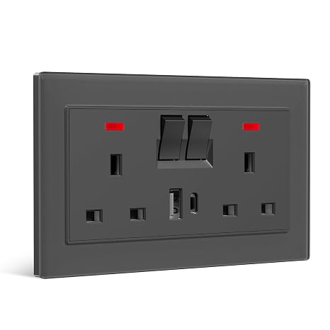 Double Switched Wall Socket,Electric Plug Sockets Outlets with 20W USB/USB-C,13 A,Glass Panel Outlet Compatible with 3 Pin UK Standard Plug,146mm Grey