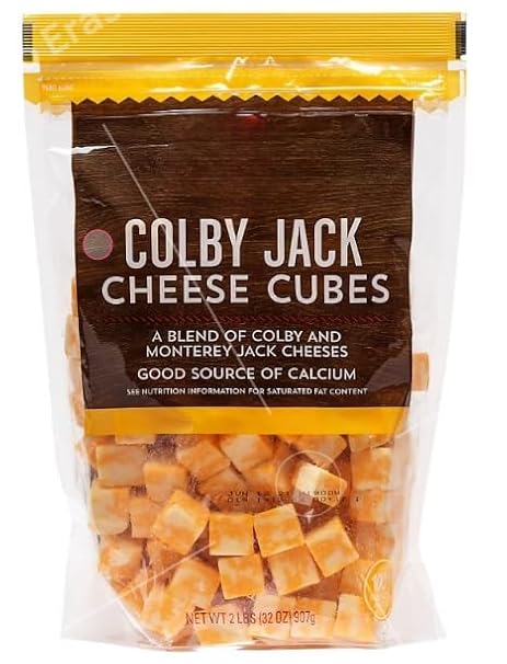 Colby Jack Cheese Cubes , Pre-cubed cheese perfect for platters, melting, or snacking Large, two pound pack , Natural cheese blend of Monterey Jack and cheddar cheeses , Good source of Calcium , Up to 30 servings (4 cubes serving size) 2 pound , 32 oz .