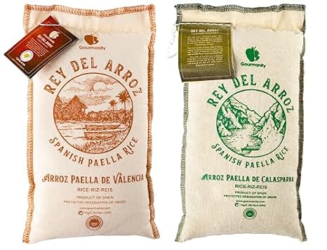 Gourmanity Spanish Paella Rice for Paella, 2.2lb/1kg and Gourmanity 2.2 lb Spanish Calasparra Rice for Paella, Rey del Arroz Authentic Spanish Paella Rice
