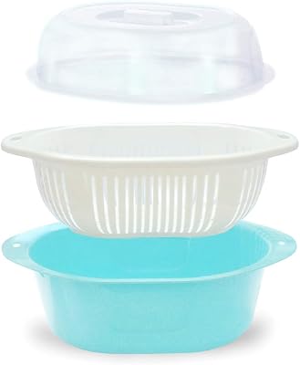 3 in 1 Dish Tub and Colander Set with Lid, Vegetable Washer with Bowl, Dishpan Strainer Basket Lettuce Washer and Dryer - Water Drain and Compact StorageBlue - 4 Quarts