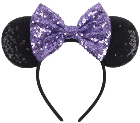 CLGIFT Purple Mickey Ears: flexible headband, 5 inches bow size, Sparkly Minnie style, for Disneyland trips, Halloween, Christmas, cosplay costume, formal, family photos, or any Disney theme party