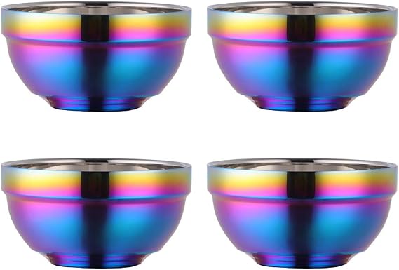 Large Rainbow 304 Stainless Steel Bowl Set of 4, Double-Walled Heat Insulation Anti-Scalding Kitchen Soup Bowls, Drop Resistance Children Bowl Salad Bowl Set for Mixing (5.1 Inches Diameter)