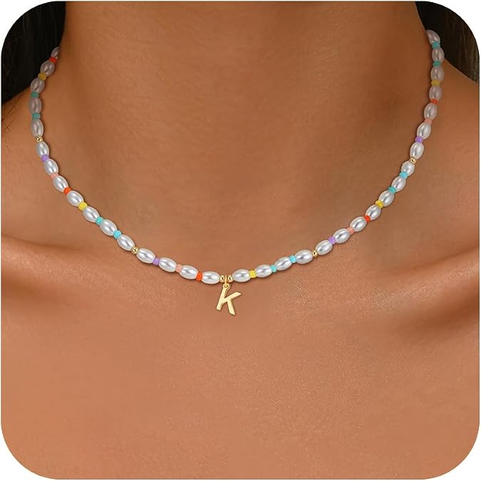 Pearl Initial Necklaces for Girls Kids, Teen Girl Gifts Trendy Stuff 14K Gold Plated Initial Necklaces Birthday Gifts Pearl Jewelry for Girls Kids