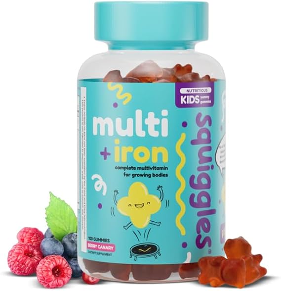 Squiggles Kids Multivitamin  Iron Gummies - Low Sugar Gummy Vitamins with Iron Supplements for Kids - Broad Spectrum of Vitamins and Minerals, Chewy, Yummy Berry Flavor 100 Count