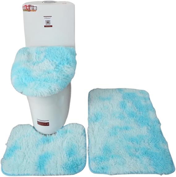 Thicken 3 Piece Bathroom Rug SetU-Shaped Contour Rug, Mat and Toilet Lid Cover,Water Absorbent Soft Microfiber Shaggy Bathroom Mat,for Tub, Shower, Bath Room,Machine Washable (Light Blue)