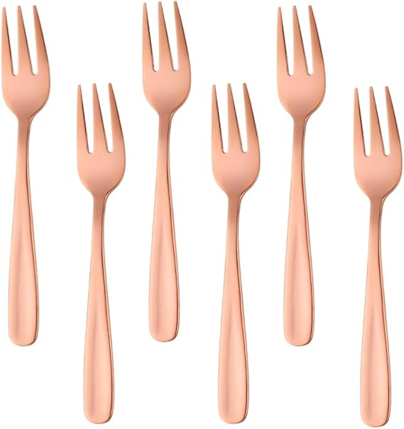 QRU Stainless Steel Dessert Forks, 6 Pieces 3-tine Cocktail Mini Salad Fruit Fork Sets, 5.5 Inch Dishwasher Safe Great for Picnics, Camping, BBQs (Rose Gold)
