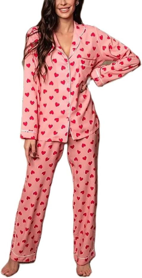 Amiblvowa Women Valentines Pajamas Satin Silk Button Down 2 Piece Pjs Lounge Set Heart Print Pajamas Valentine's Day Outfits