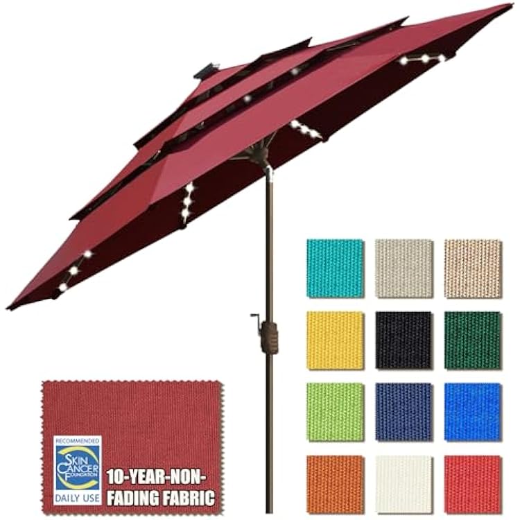 EliteShade USA 10-Year-Non-Fading 9ft 3-Tier Market Patio Umbrella, Commercial Table Umbrella with 80 Solar LED Lights, Crank Open, Windproof & UPF 50 UV Protection for Garden, Deck, Pool, Backyard, Burgundy